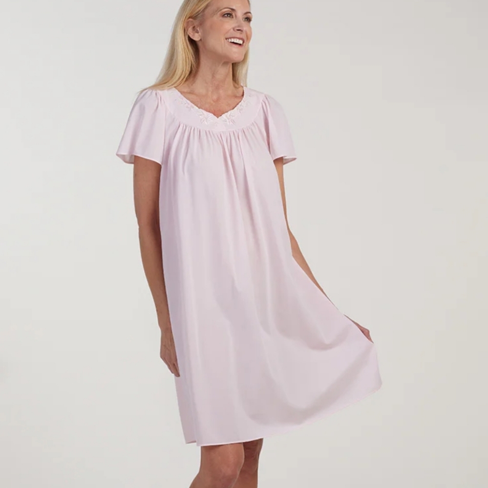 Miss Elaine Women's Ruched Nylon Tricot Short Sleeve Nightgown Pink Size M